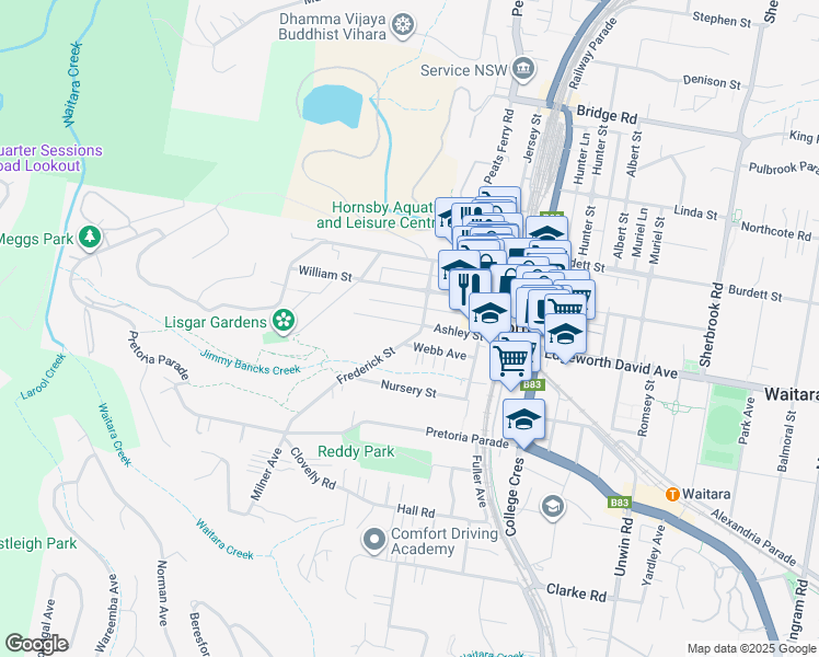 map of restaurants, bars, coffee shops, grocery stores, and more near 31 Ashley Street in Hornsby
