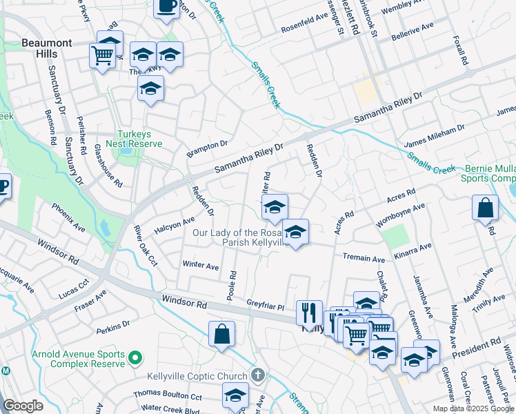 map of restaurants, bars, coffee shops, grocery stores, and more near 4 Jupiter Road in Kellyville