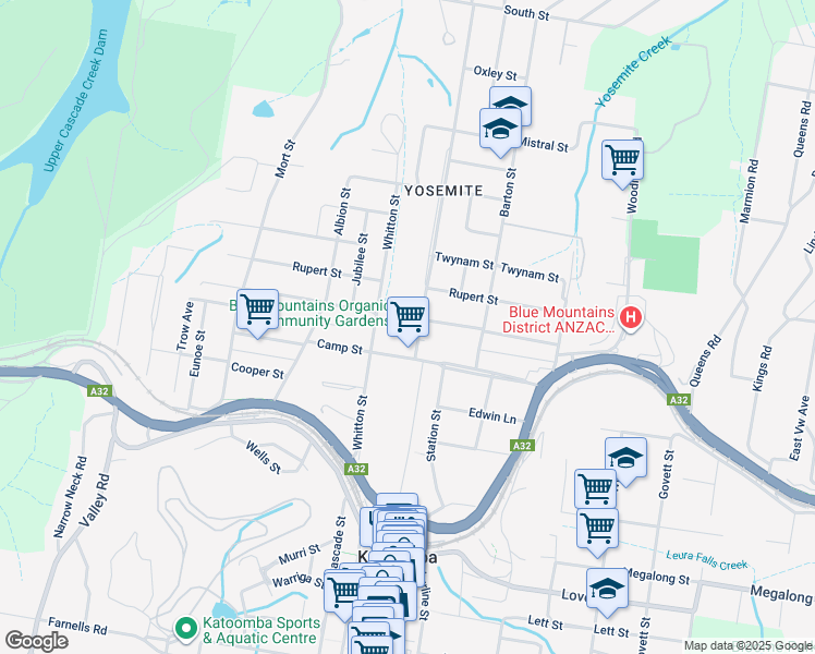 map of restaurants, bars, coffee shops, grocery stores, and more near 10 Victoria Street in Katoomba