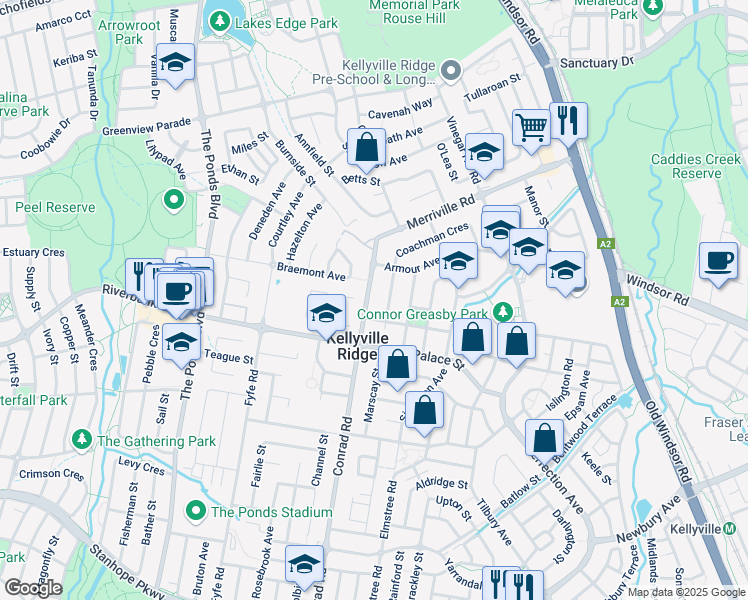 map of restaurants, bars, coffee shops, grocery stores, and more near 158 Conrad Road in Kellyville Ridge