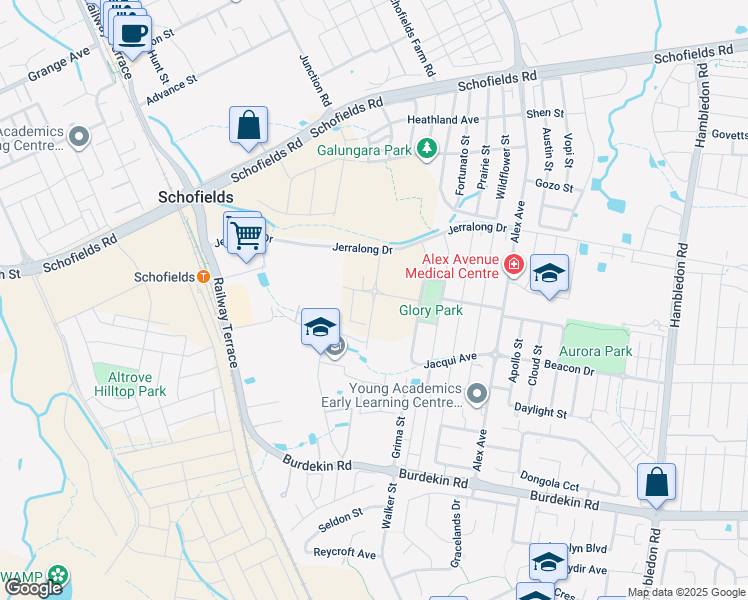map of restaurants, bars, coffee shops, grocery stores, and more near Isla Street in Schofields