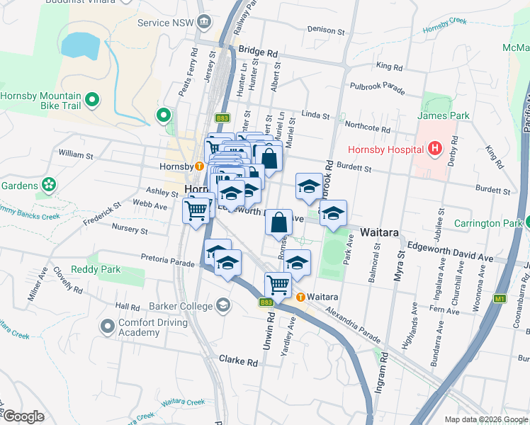 map of restaurants, bars, coffee shops, grocery stores, and more near Edgeworth David Avenue in Hornsby