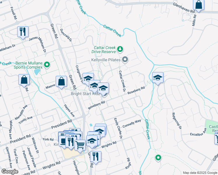 map of restaurants, bars, coffee shops, grocery stores, and more near 6 Abernathy Court in Kellyville