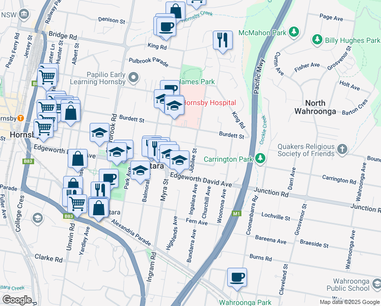 map of restaurants, bars, coffee shops, grocery stores, and more near 33 Jubilee Street in Wahroonga