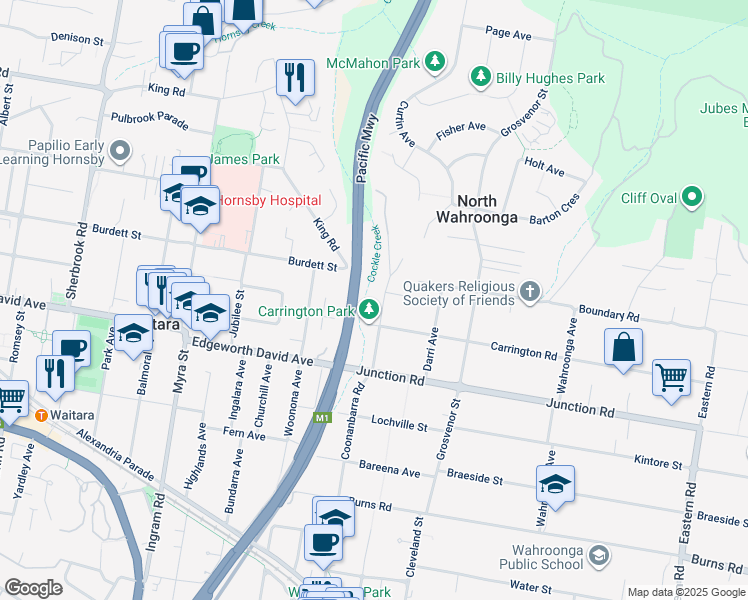 map of restaurants, bars, coffee shops, grocery stores, and more near 22 Carrington Road in Wahroonga