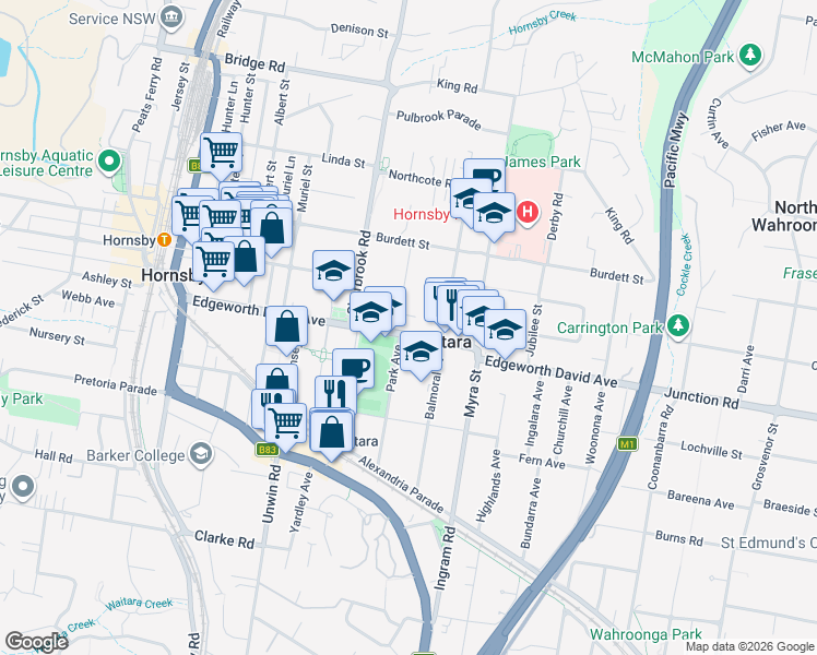 map of restaurants, bars, coffee shops, grocery stores, and more near 49 Edgeworth David Avenue in Waitara