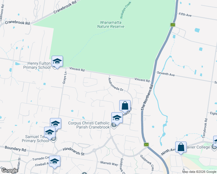 map of restaurants, bars, coffee shops, grocery stores, and more near 45 Bellatrix Street in Cranebrook