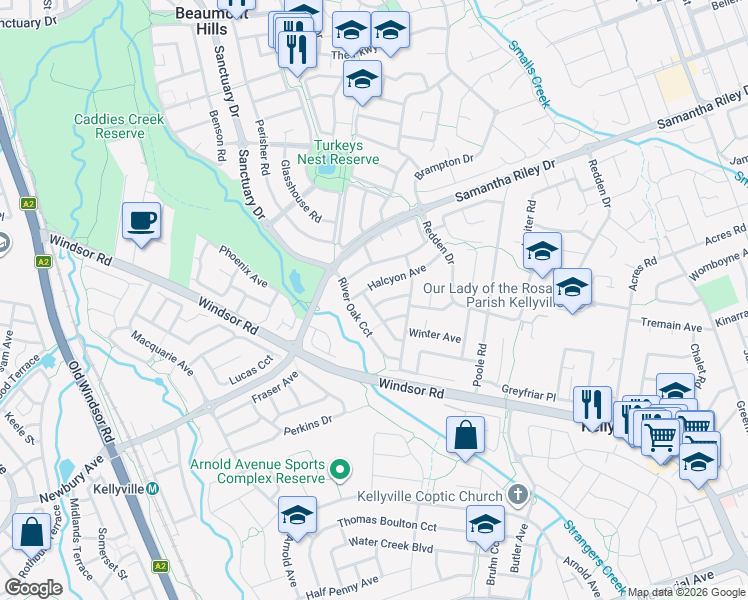 map of restaurants, bars, coffee shops, grocery stores, and more near 2 Indigo Avenue in Kellyville