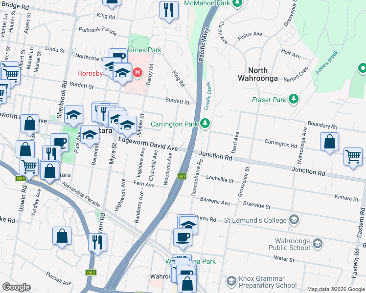 map of restaurants, bars, coffee shops, grocery stores, and more near 7 Deakin Way in Wahroonga