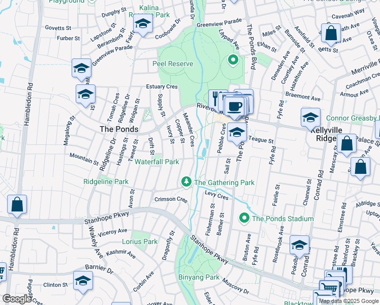 map of restaurants, bars, coffee shops, grocery stores, and more near 49 Meander Crescent in The Ponds