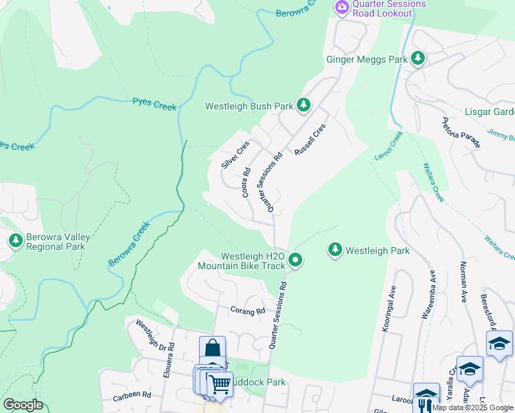 map of restaurants, bars, coffee shops, grocery stores, and more near 8 Coora Road in Westleigh
