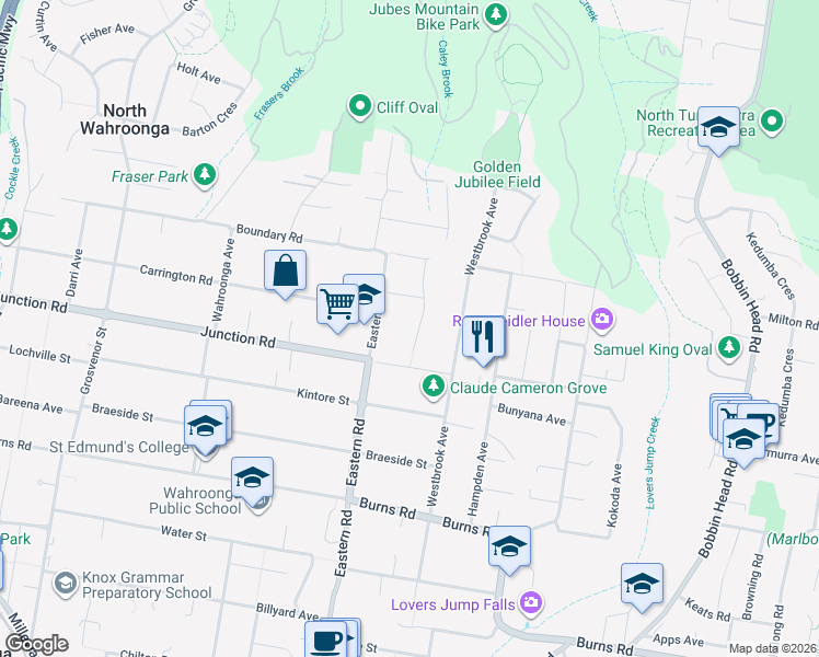map of restaurants, bars, coffee shops, grocery stores, and more near 12 Morris Avenue in Wahroonga