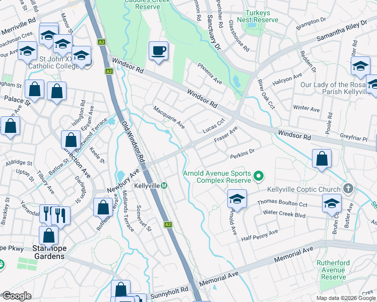map of restaurants, bars, coffee shops, grocery stores, and more near 21 Landy Place in Kellyville