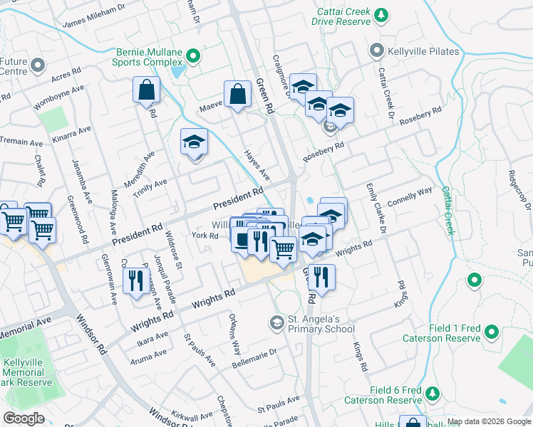 map of restaurants, bars, coffee shops, grocery stores, and more near 17 Hutchison Avenue in Kellyville