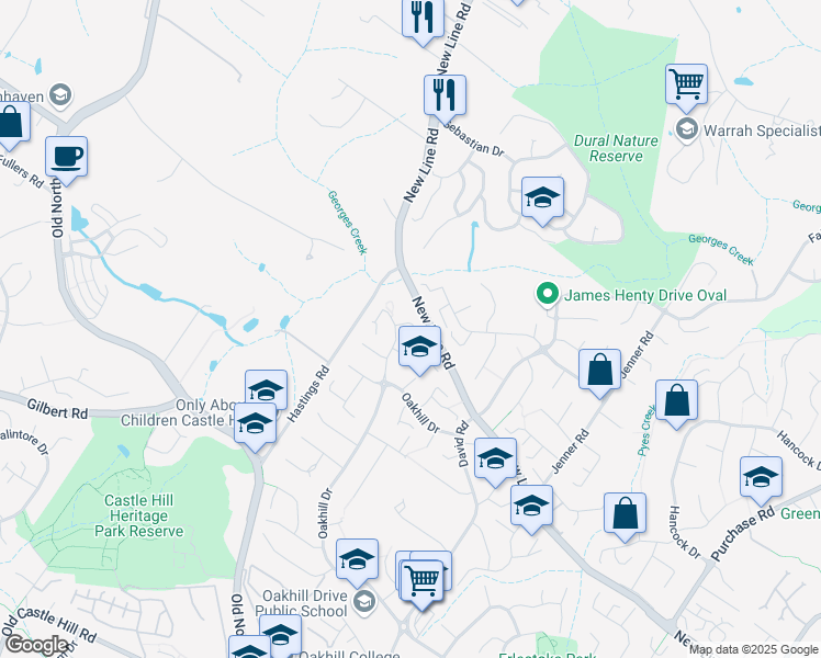 map of restaurants, bars, coffee shops, grocery stores, and more near 15 Belltree Crescent in Castle Hill