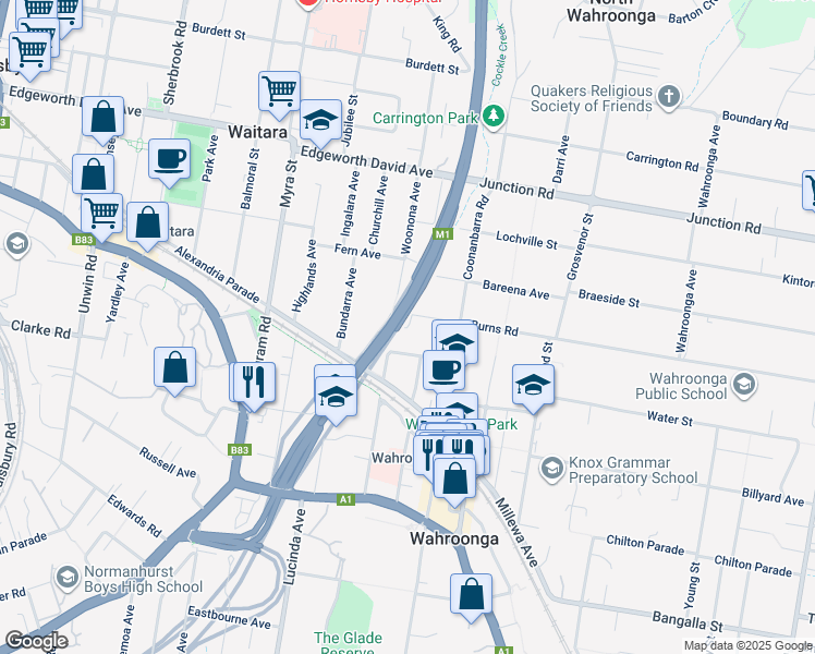 map of restaurants, bars, coffee shops, grocery stores, and more near 0 Burns Road in Wahroonga