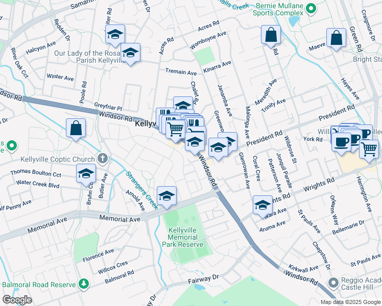 map of restaurants, bars, coffee shops, grocery stores, and more near 38 Windsor Road in Kellyville