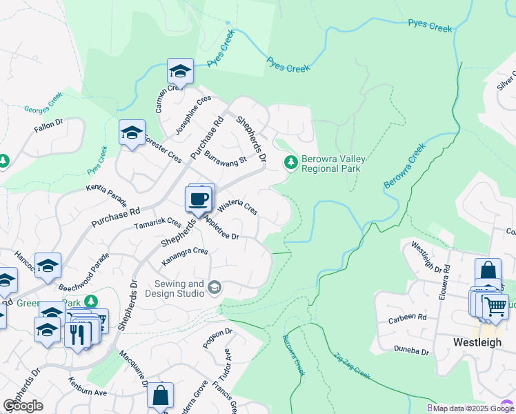 map of restaurants, bars, coffee shops, grocery stores, and more near 39 Wisteria Crescent in Cherrybrook