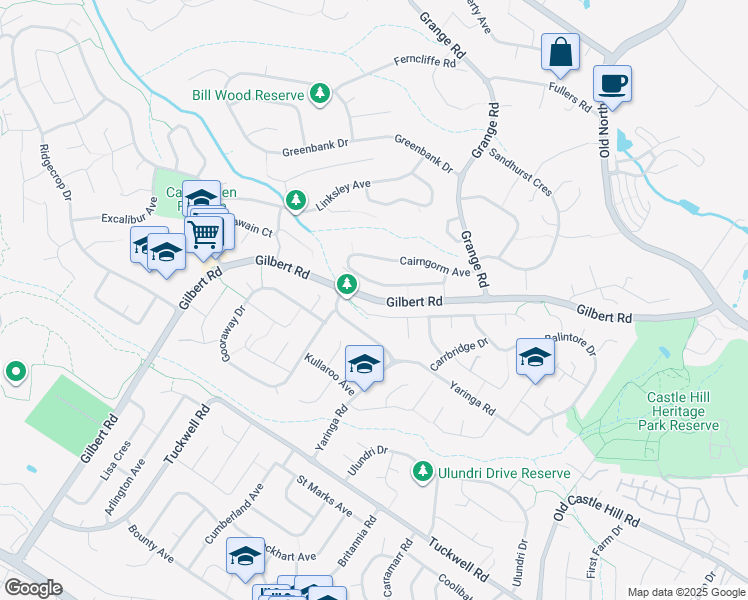 map of restaurants, bars, coffee shops, grocery stores, and more near Gilbert Road in Castle Hill