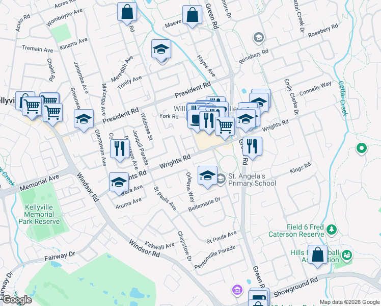 map of restaurants, bars, coffee shops, grocery stores, and more near 80 Wrights Road in Kellyville