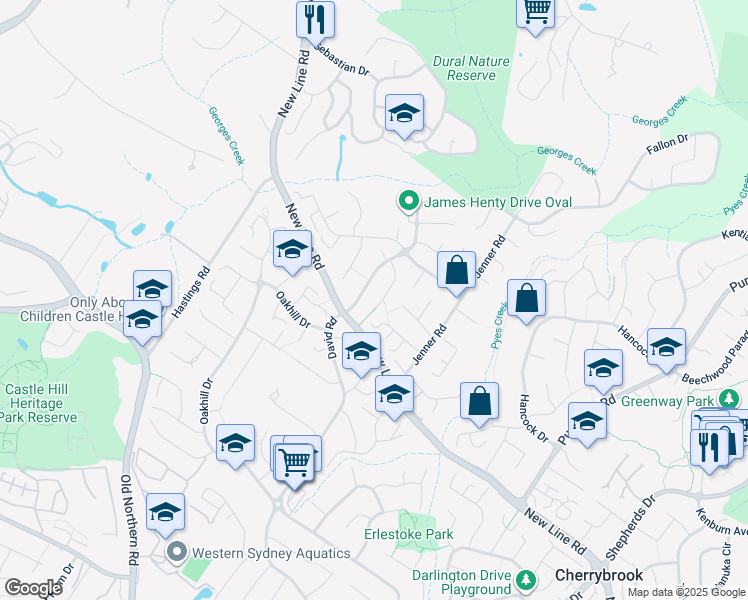 map of restaurants, bars, coffee shops, grocery stores, and more near 16 Hickory Place in Dural