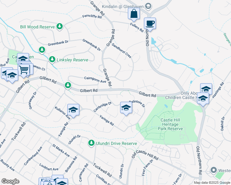 map of restaurants, bars, coffee shops, grocery stores, and more near 9 Kingussie Avenue in Castle Hill