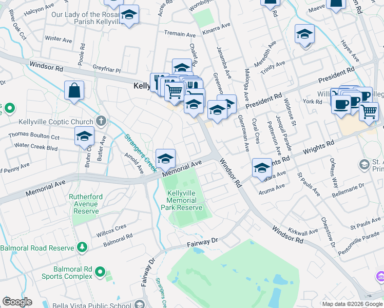 map of restaurants, bars, coffee shops, grocery stores, and more near 3 Burns Road in Kellyville