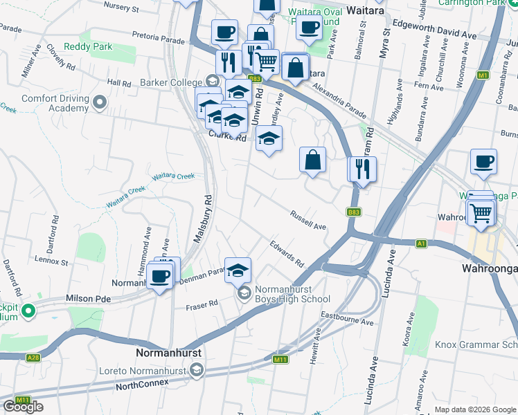 map of restaurants, bars, coffee shops, grocery stores, and more near 4B Russell Avenue in Wahroonga