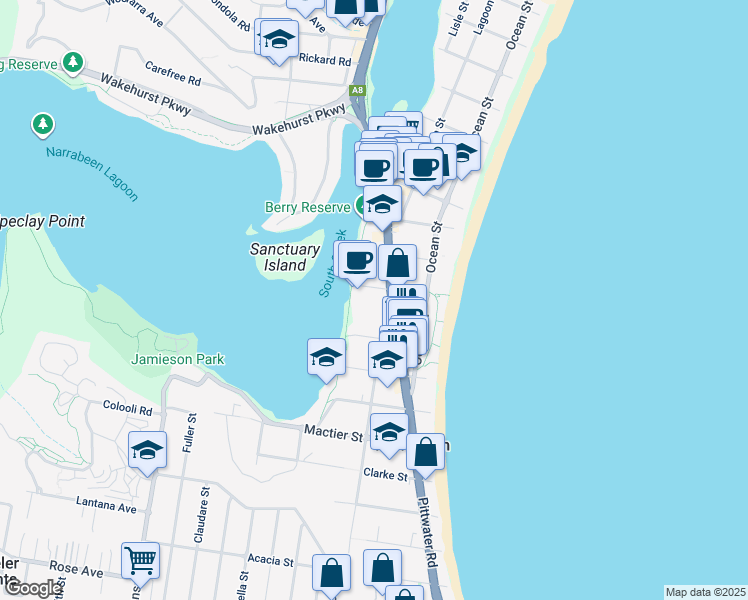 map of restaurants, bars, coffee shops, grocery stores, and more near 1351 Pittwater Road in Narrabeen