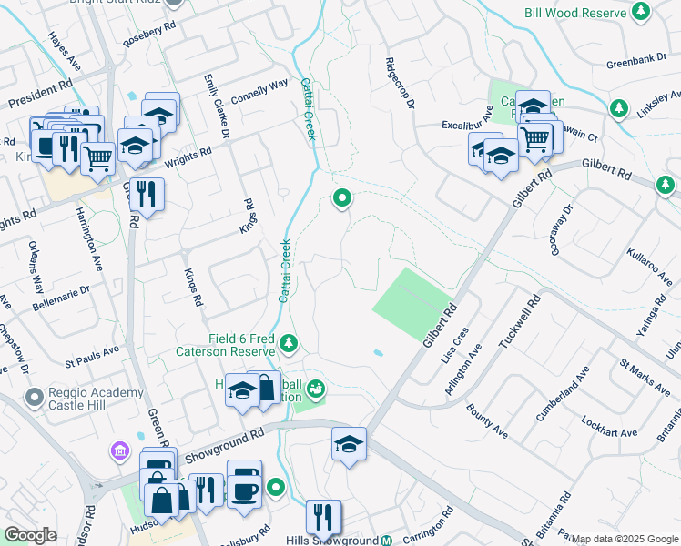 map of restaurants, bars, coffee shops, grocery stores, and more near Caterson Drive in Castle Hill