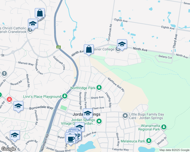 map of restaurants, bars, coffee shops, grocery stores, and more near Juliana Street in Jordan Springs