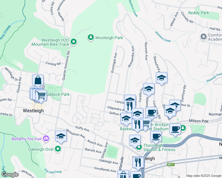 map of restaurants, bars, coffee shops, grocery stores, and more near 14 Kooringal Avenue in Thornleigh