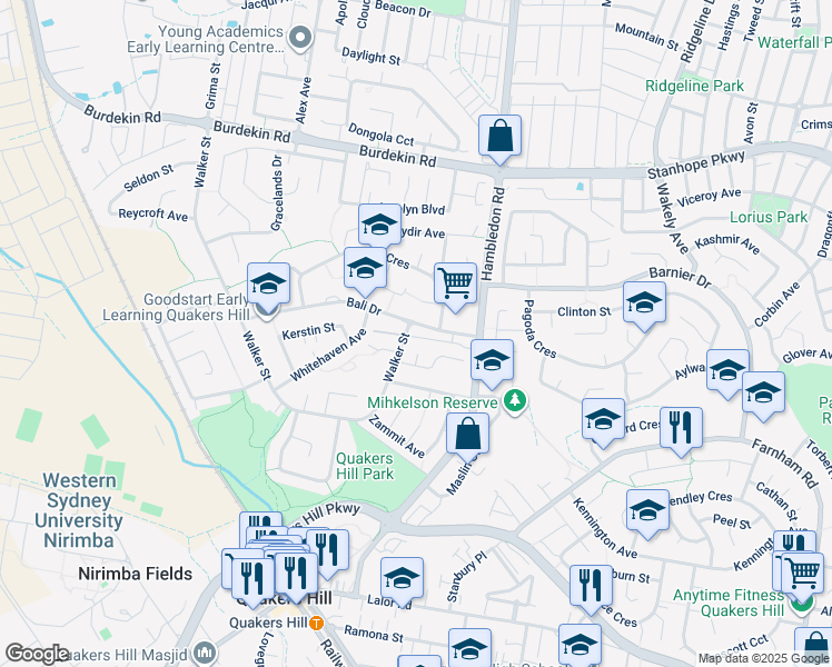 map of restaurants, bars, coffee shops, grocery stores, and more near 188 Walker Street in Quakers Hill