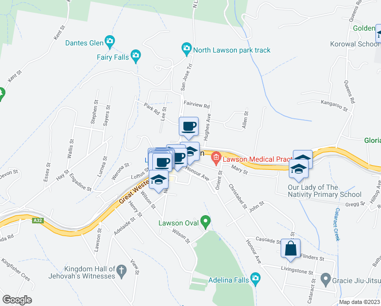 map of restaurants, bars, coffee shops, grocery stores, and more near in Lawson