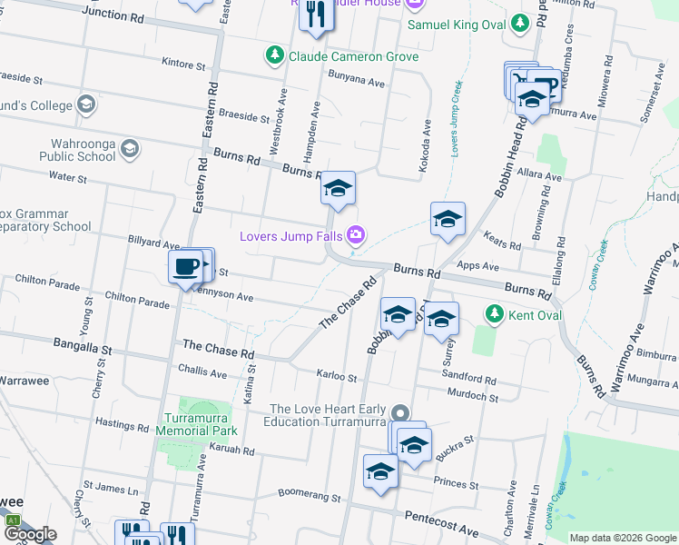 map of restaurants, bars, coffee shops, grocery stores, and more near 157 Burns Road in Turramurra
