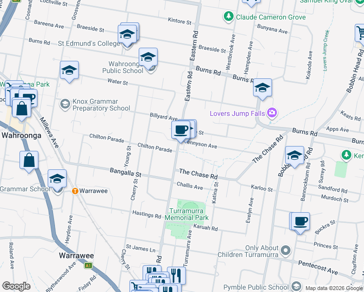 map of restaurants, bars, coffee shops, grocery stores, and more near 97B Eastern Road in Turramurra