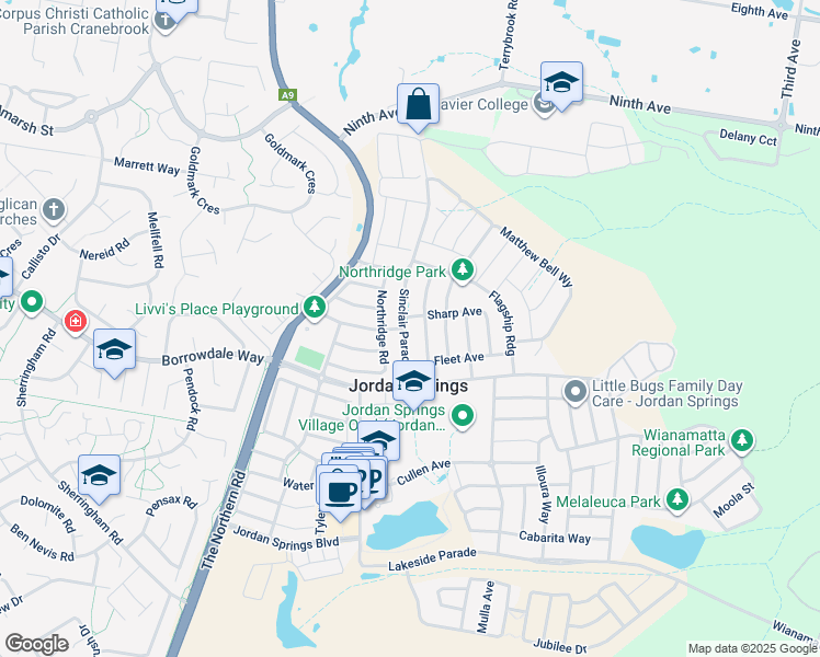 map of restaurants, bars, coffee shops, grocery stores, and more near 26 Sinclair Parade in Jordan Springs