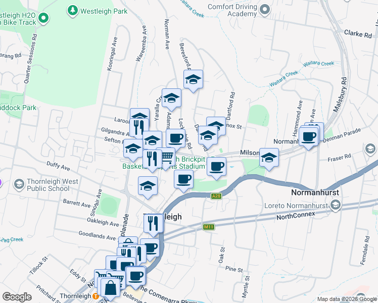 map of restaurants, bars, coffee shops, grocery stores, and more near 2 Sefton Road in Thornleigh