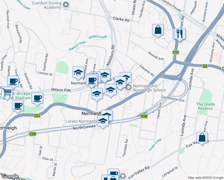 map of restaurants, bars, coffee shops, grocery stores, and more near 19 Fraser Road in Normanhurst