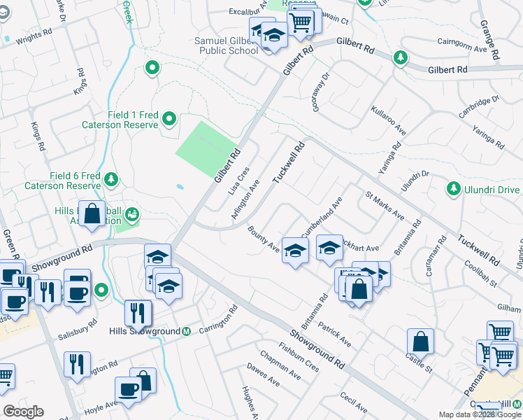 map of restaurants, bars, coffee shops, grocery stores, and more near 162 Tuckwell Road in Castle Hill