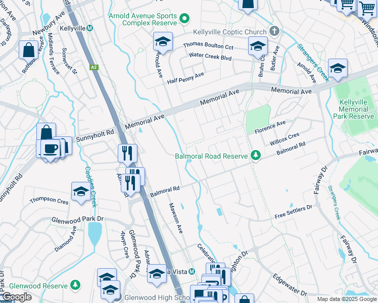 map of restaurants, bars, coffee shops, grocery stores, and more near 10 Free Settlers Drive in Kellyville