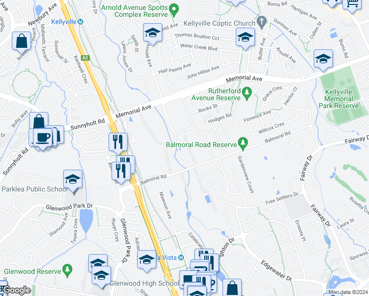 map of restaurants, bars, coffee shops, grocery stores, and more near 10 Free Settlers Drive in Kellyville