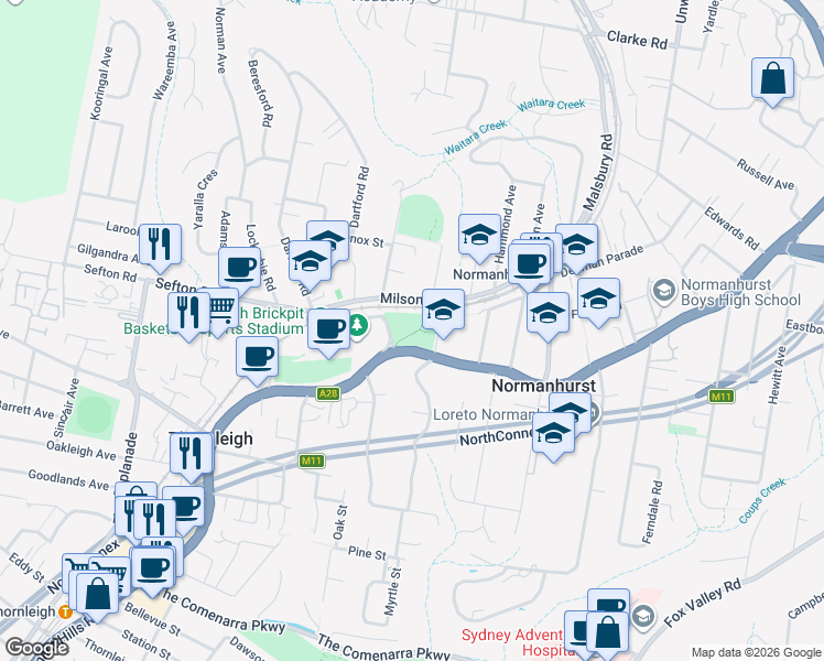 map of restaurants, bars, coffee shops, grocery stores, and more near 136-140 Pennant Hills Road in Normanhurst