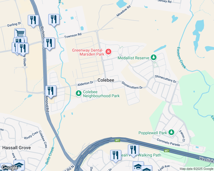 map of restaurants, bars, coffee shops, grocery stores, and more near 63 Woodburn Street in Colebee