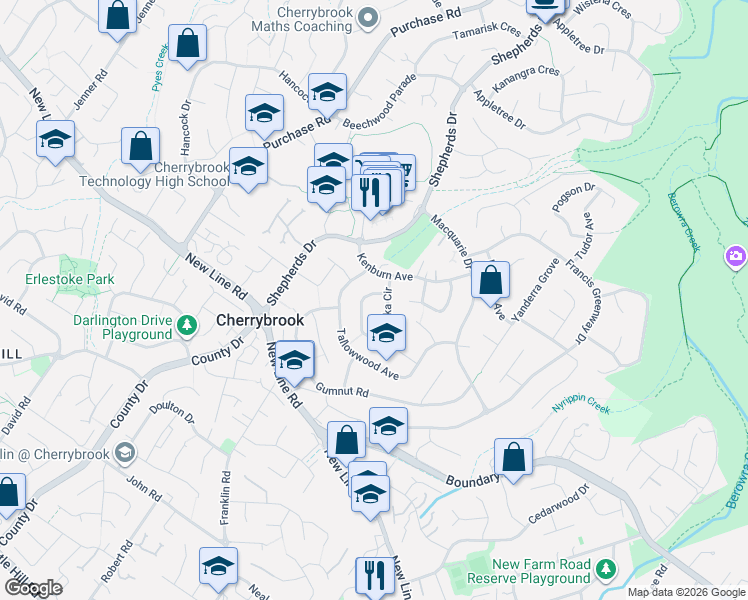 map of restaurants, bars, coffee shops, grocery stores, and more near 34 Manuka Circle in Cherrybrook