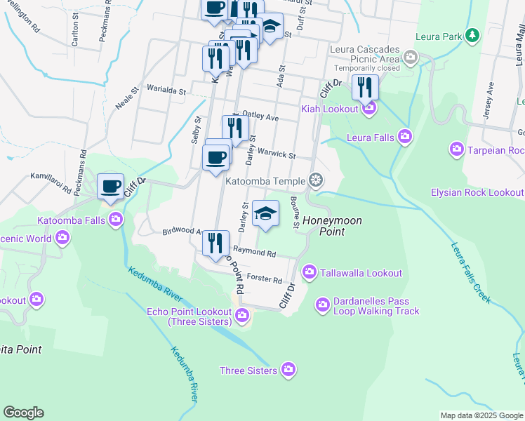 map of restaurants, bars, coffee shops, grocery stores, and more near 42 Martin Street in Katoomba