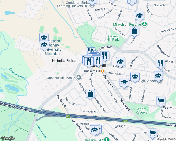 map of restaurants, bars, coffee shops, grocery stores, and more near 18 Douglas Road in Quakers Hill
