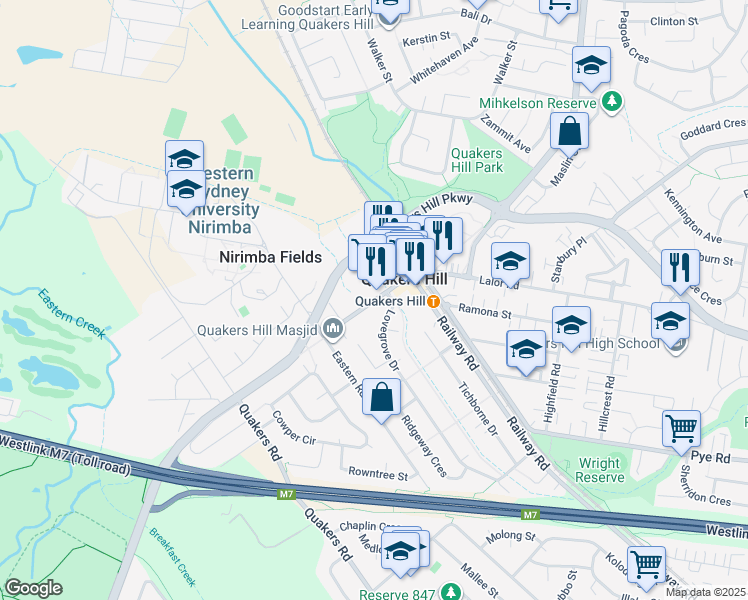 map of restaurants, bars, coffee shops, grocery stores, and more near 18 Douglas Road in Quakers Hill