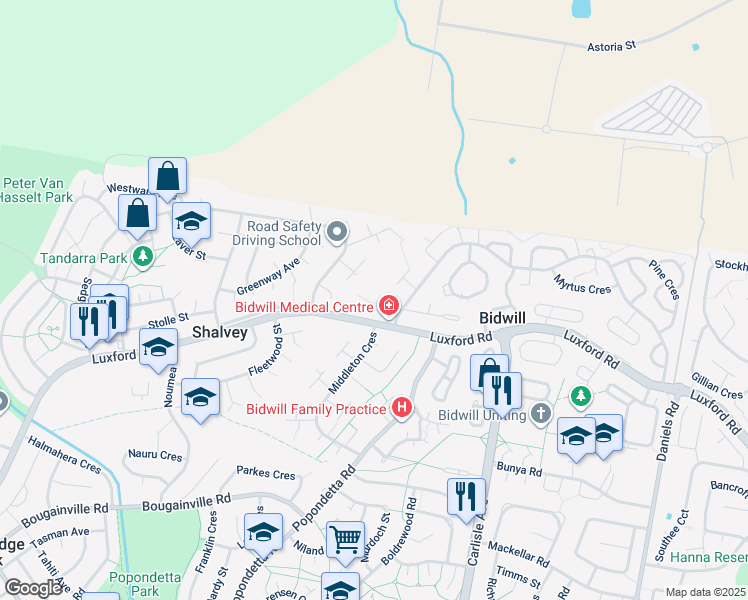 map of restaurants, bars, coffee shops, grocery stores, and more near 11 Palm Place in Bidwill