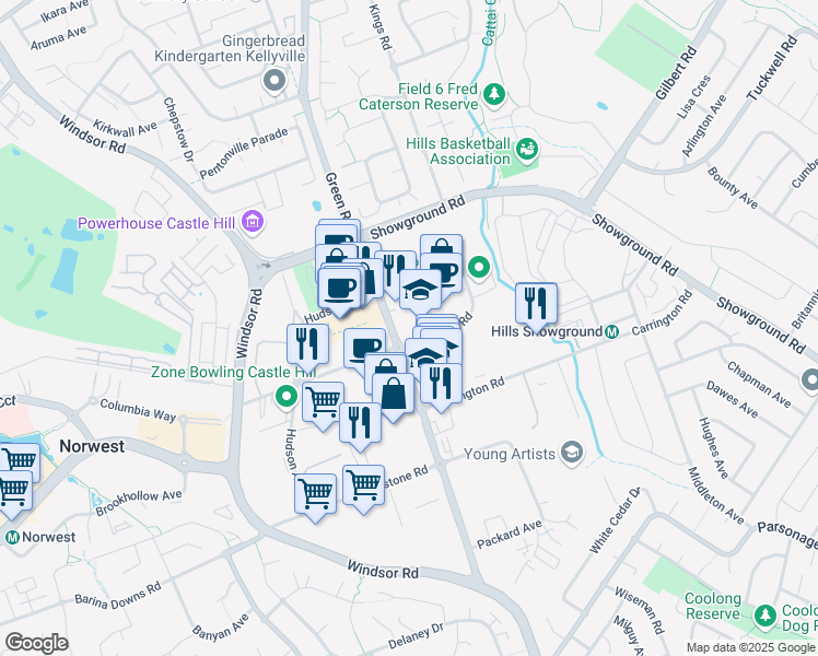 map of restaurants, bars, coffee shops, grocery stores, and more near 25 Victoria Avenue in Castle Hill